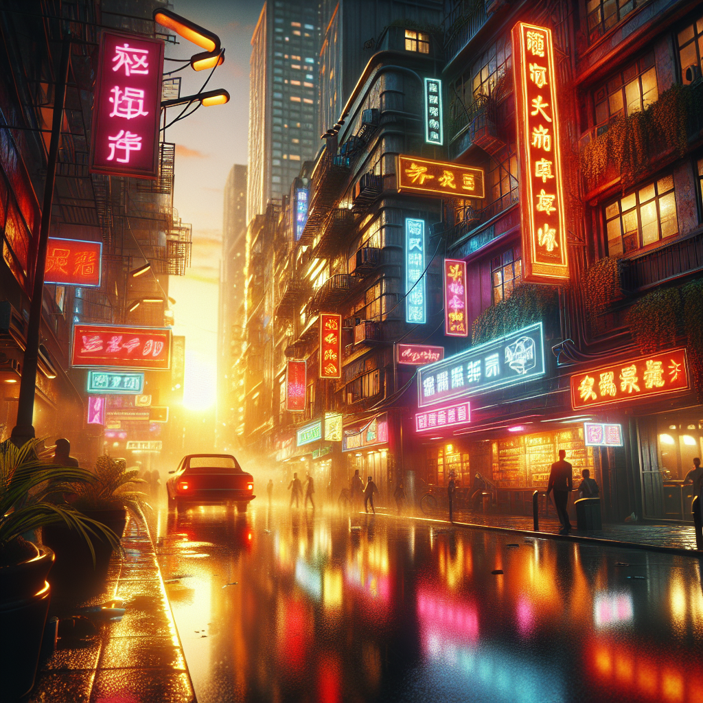 Neon reflections on wet pavement
