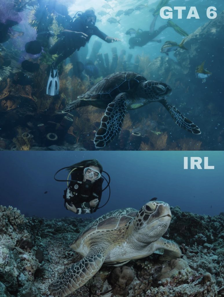 Comparison of an underwater shot in GTA 6 and in real life