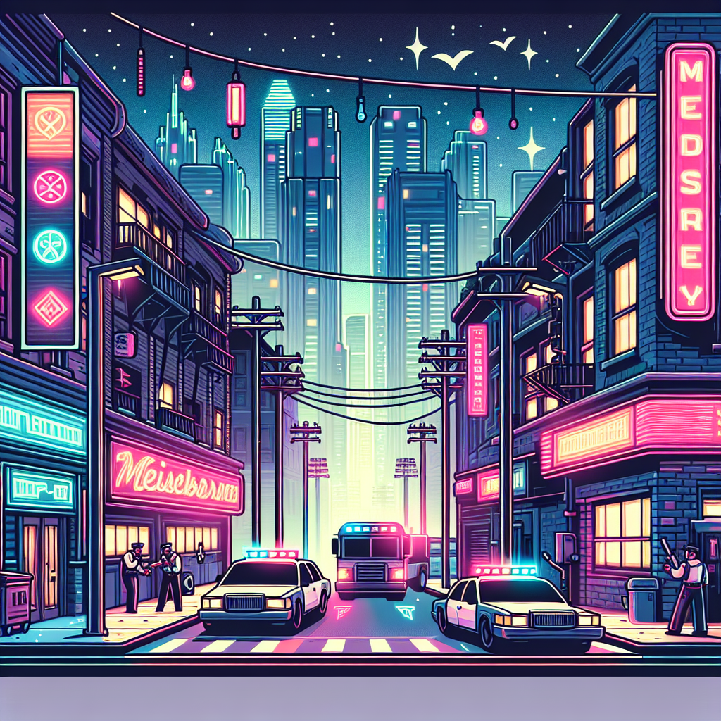 Neon-lit urban street scene
