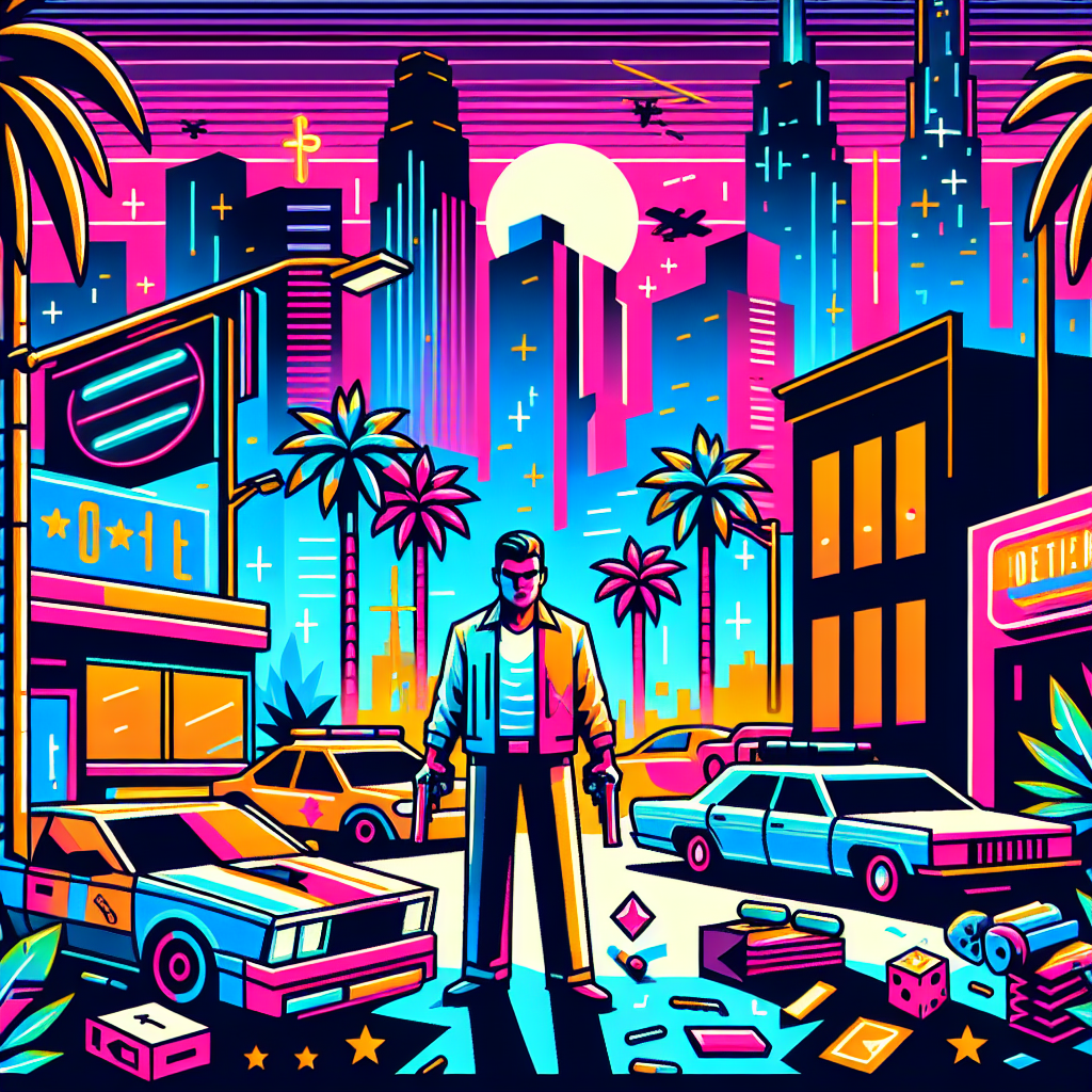 Neon skyline with palm trees