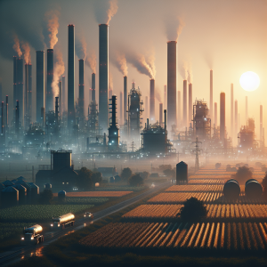 Industrial smokestacks and farmland