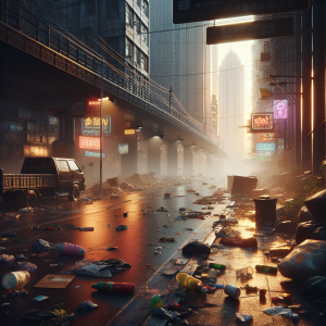 Litter-strewn urban road scene