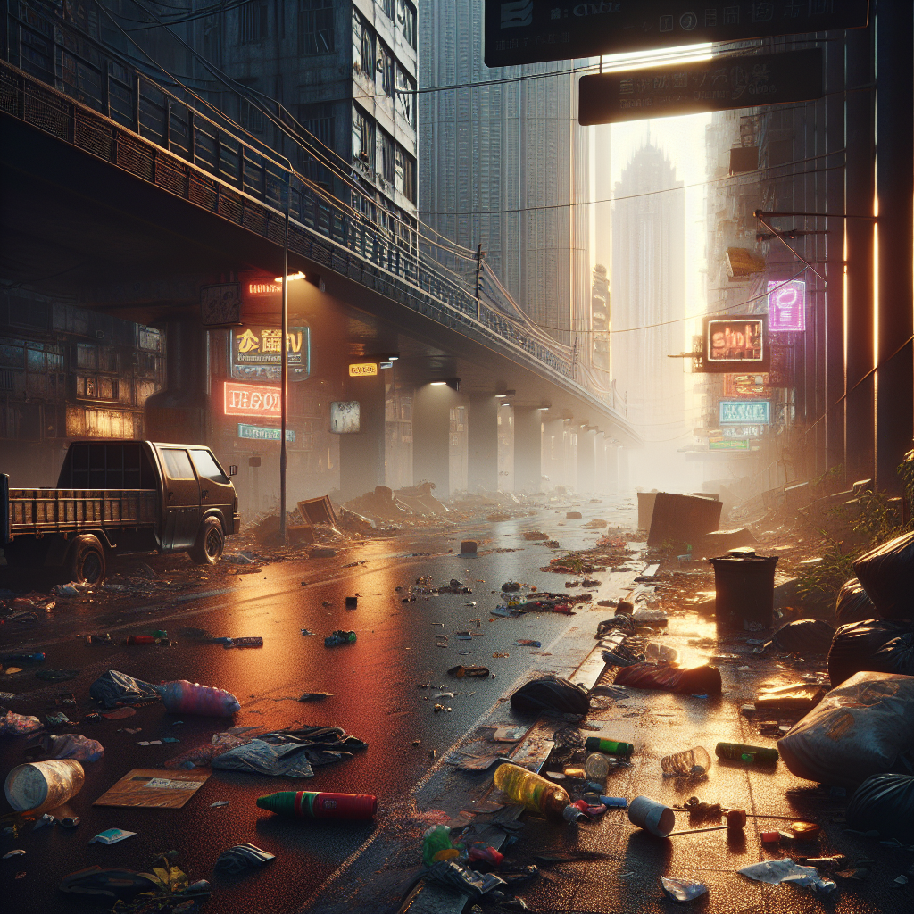 Litter-strewn urban road scene