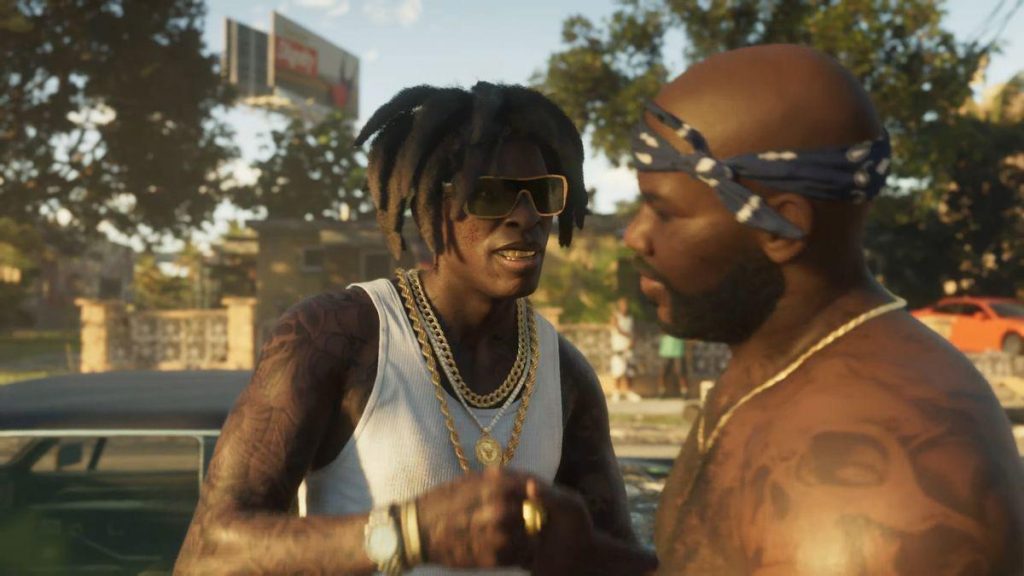 Realistic character models from the GTA 6 trailer showing detailed facial features and fashion