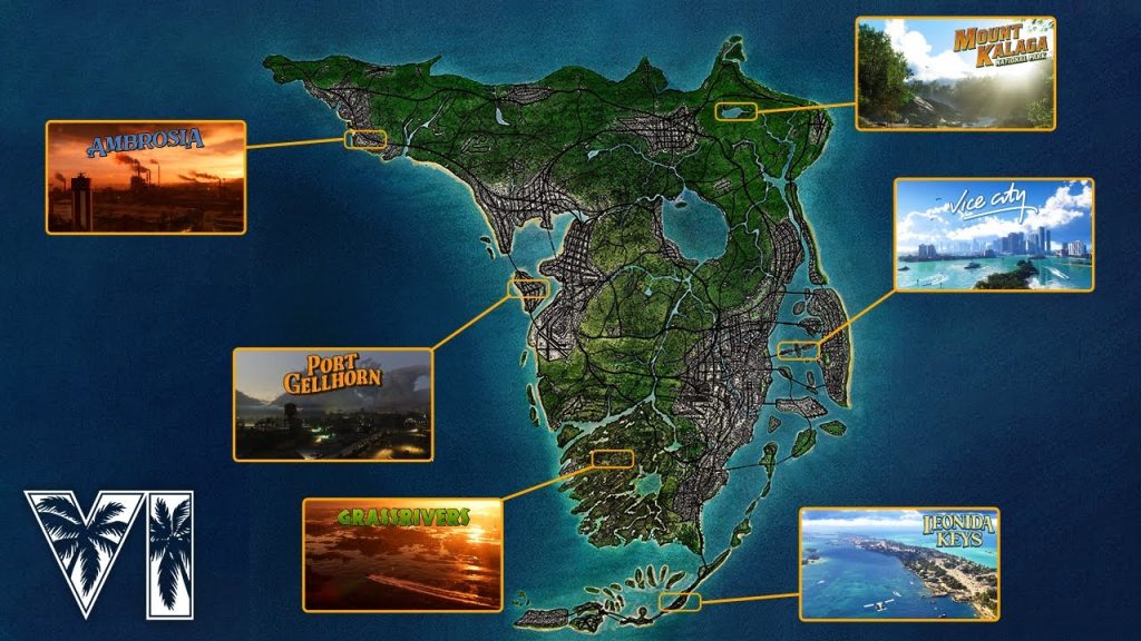 A detailed map of GTA 6 showcasing the diverse and expansive areas of Vice City, including the massive port.