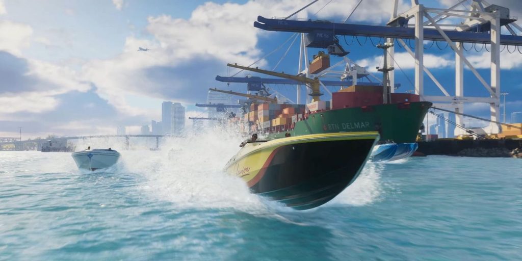 A panoramic view of Vice City's sprawling port area in GTA 6, showcasing its impressive scale and detail.